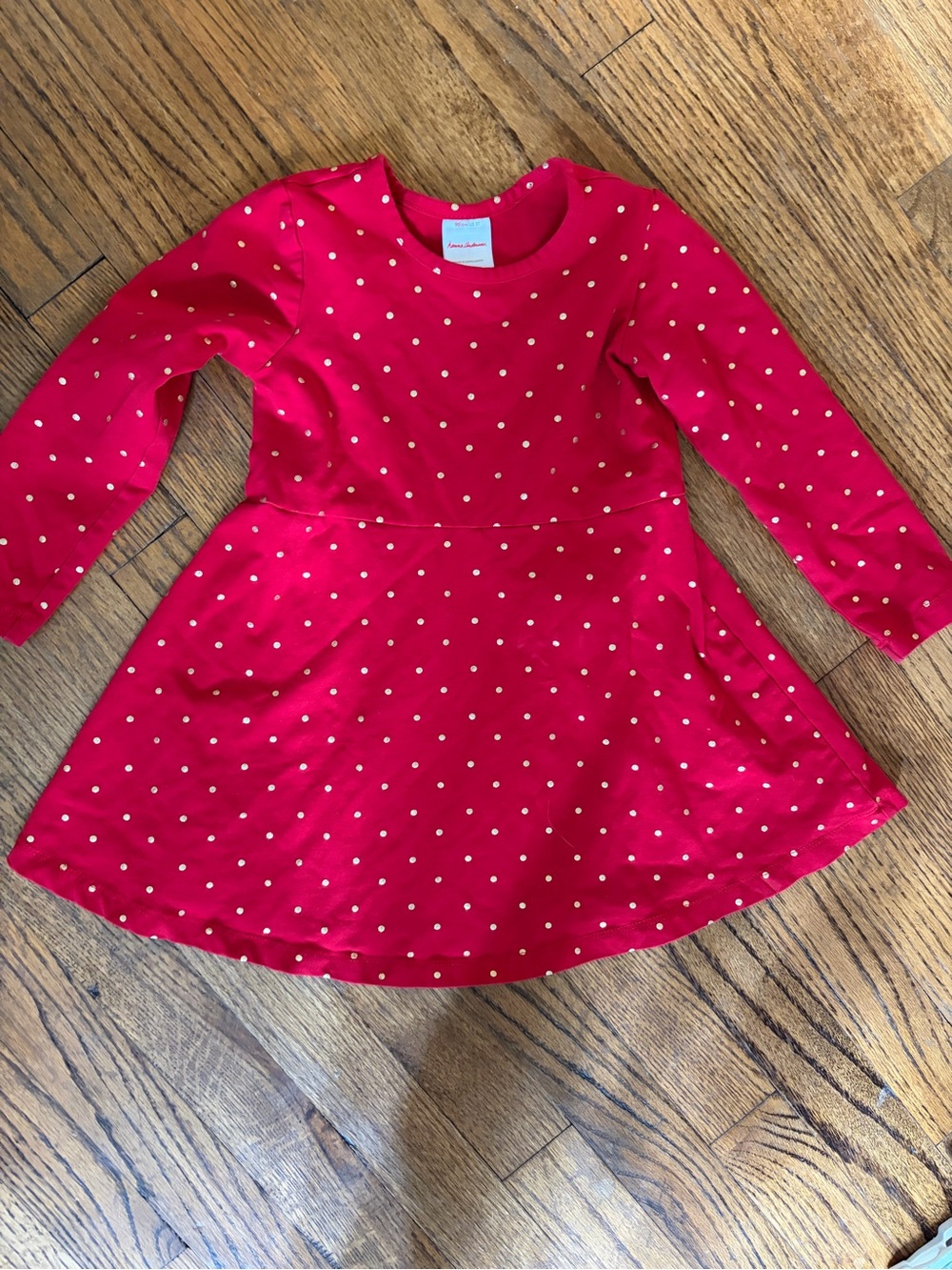 Hanna Andersson 3T Red Long-Sleeve Gold Polka Dot Dress Stretch Cotton